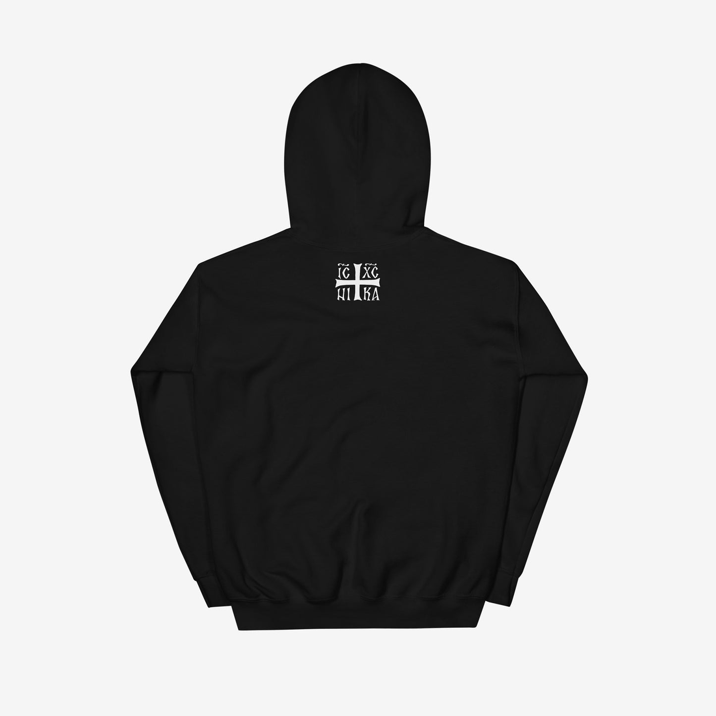Black unisex hoodie with a large, full-color reproduction of the Russian Orthodox icon "Christ with the Angry Gaze" and NIKA cross on the back. Back side photo. www.arthodox.com