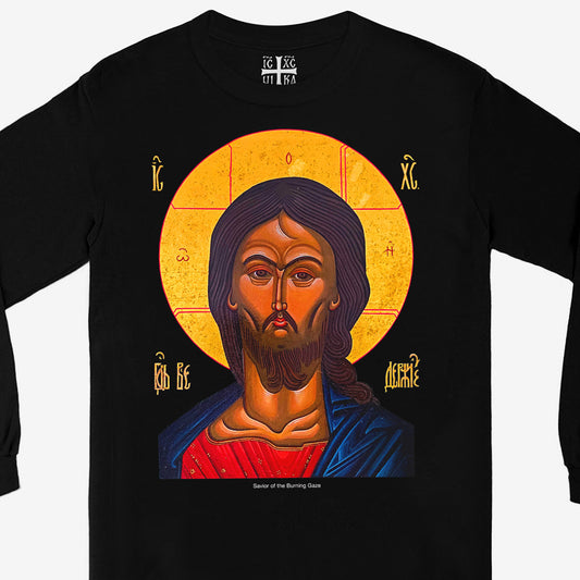 Closup photo of the black unisex long-sleeve t-shirt with a large, full-color reproduction of the Russian Orthodox icon "Christ with the Angry Gaze." www.arthodox.com