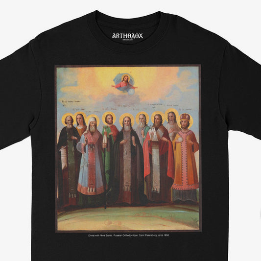 Closeup photo of the 19th Century Russian Orthodox icon on the long-sleeve tee. www.arthodox.com