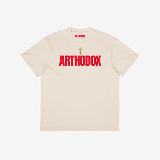 Vintage white unisex oversized tee with a golden Orthodox Christian cross and bold red text ARTHODOX. www.arthodox.com
