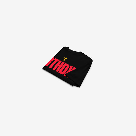 Black unisex oversized high-neck tee featuring a golden Orthodox Christian cross and bold red disemvowelled ARTHODOX, RTHDX. Folded. www.arthodox.com