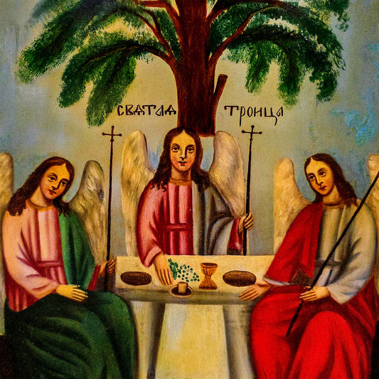 Closeup detail photo of archival print of the 19th Century Russian Orthodox Icon, "The Old Testament Trinity" (СВЯТАЯ ТРОИЦА), framed in white. Large format (62x78cm). www.arthodox.com