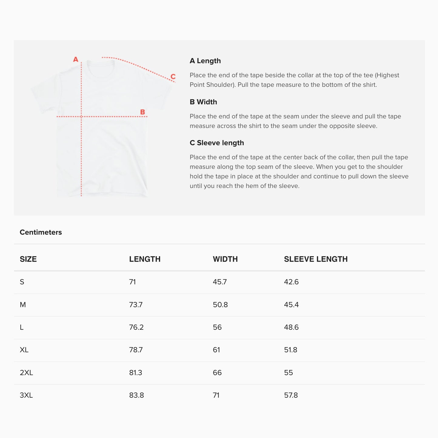 Adult unisex T-shirt size guide.