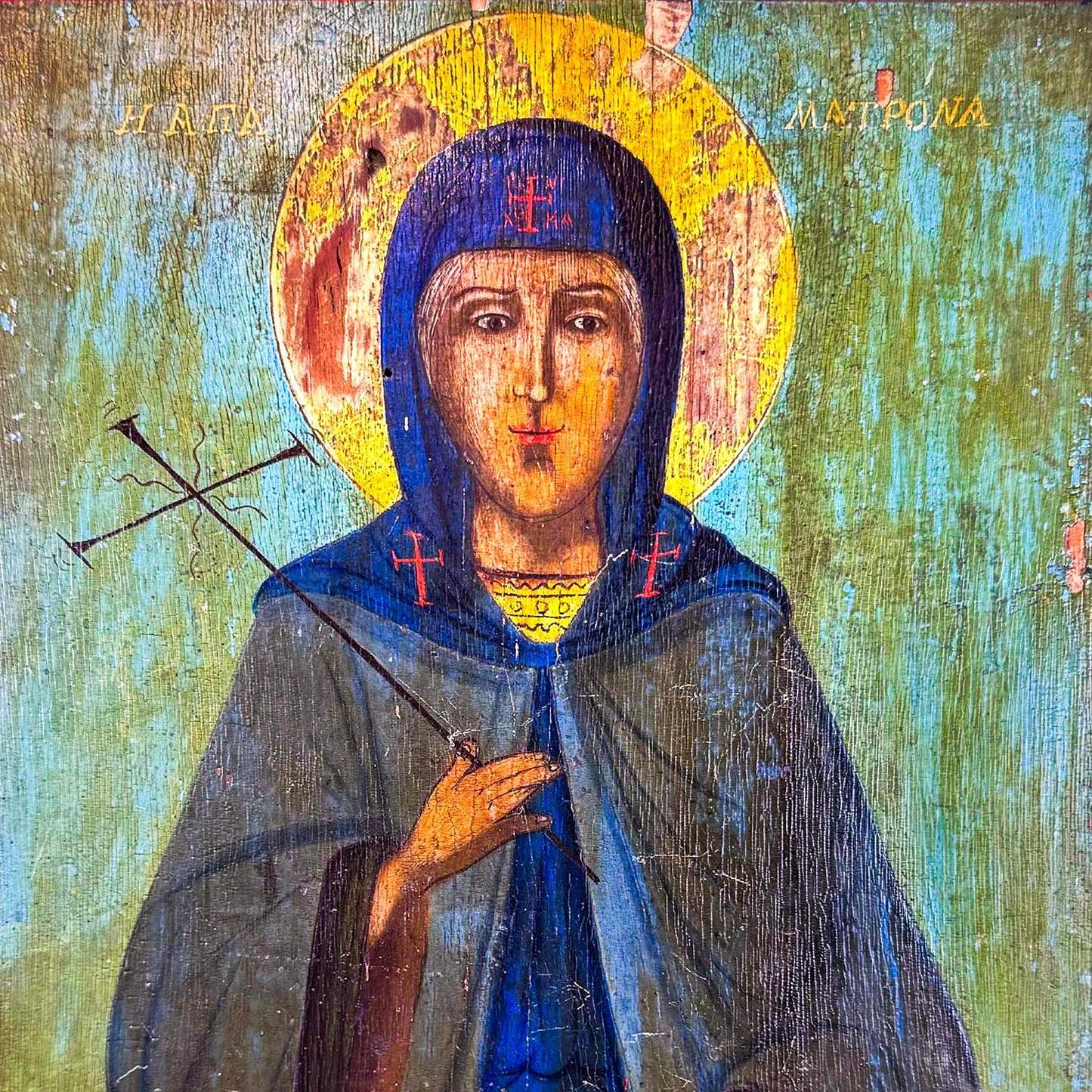 Closeup detail photo of rare 17th Century Greek Renaissance Icon "Saint Matrona". www.arthodox.com