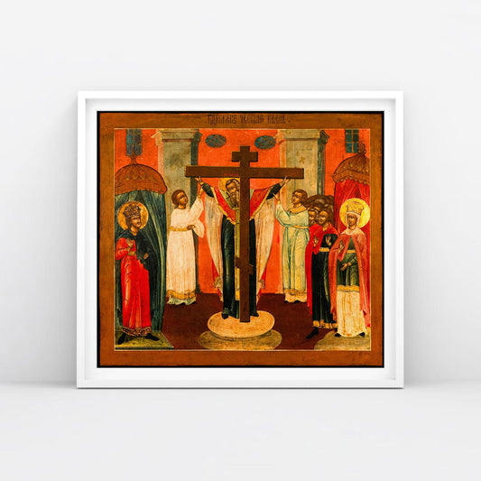 Rare 1820 Russian Orthodox Icon Print, "Finding of the True Cross," featuring St. Helena and St. Constantine, framed in white. Archival quality (62x60cm). www.arthodox.com