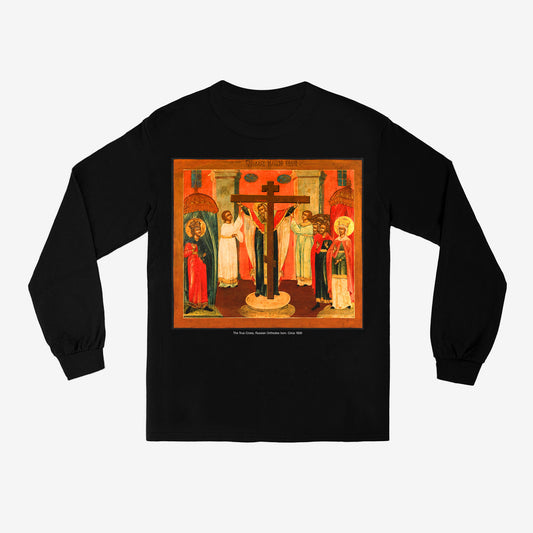 Black unisex long-sleeve t-shirt with a large print of the rare 1820 Russian Orthodox True Cross icon, featuring St. Helena and St. Constantine. www.arthodox.com