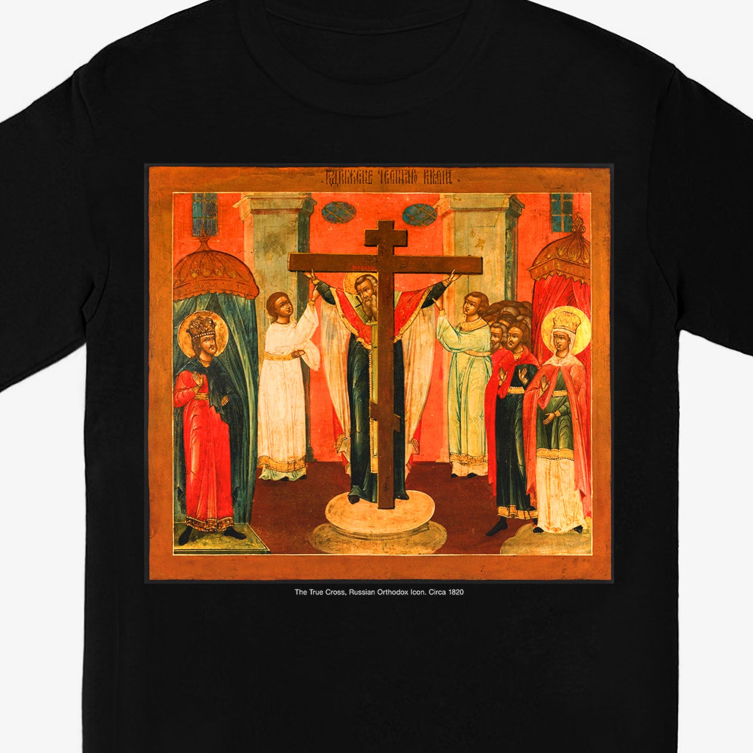 Detail of the premium print on the black long-sleeve tee, highlighting the depiction of the True Cross and St. Macarius. www.arthodox.com