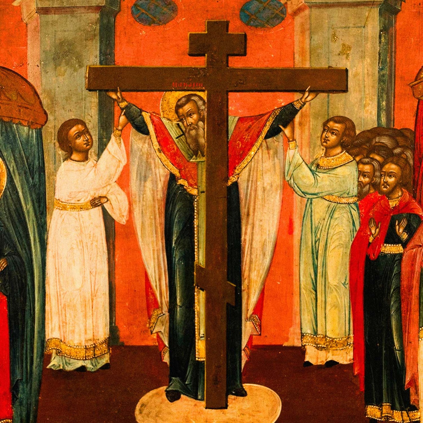 Close-up Image: Detail shot of 1820 Russian Orthodox icon showing the faces of St. Helena and St. Constantine and the intricate egg tempera style. www.arthodox.com