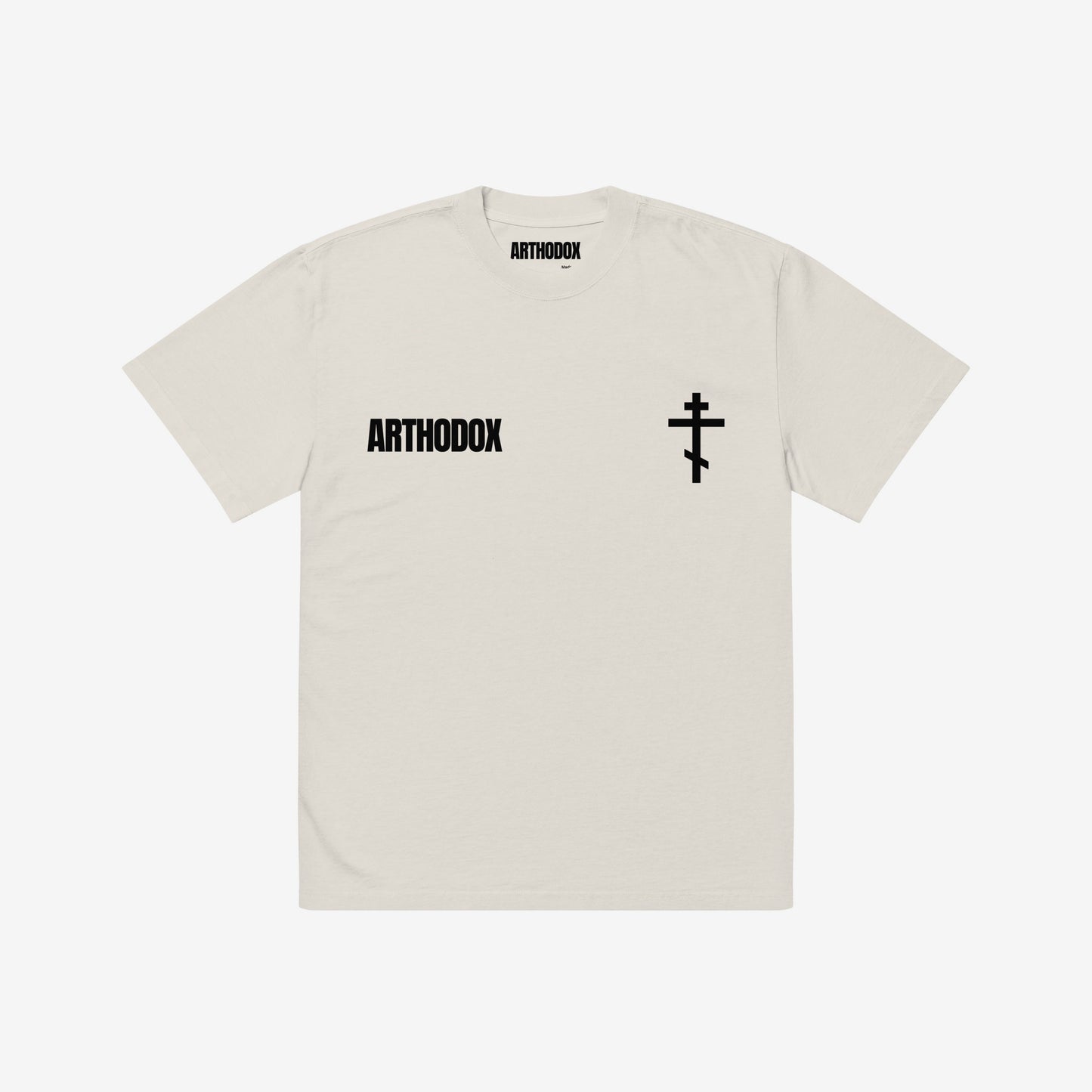 Faded bone T-shirt featuring the minimalist ARTHODOX wordmark on the left chest and an Orthodox Christian cross on the right. www.arthodox.com