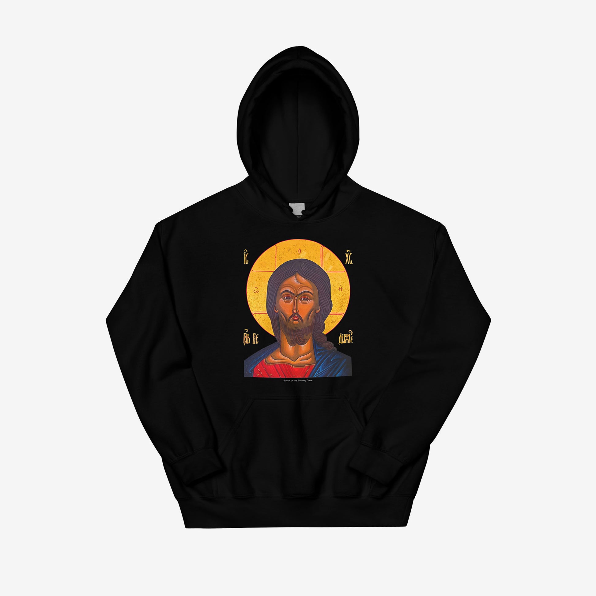 Black unisex hoodie with a large, full-color reproduction of the Russian Orthodox icon "Christ with the Angry Gaze." www.arthodox.com