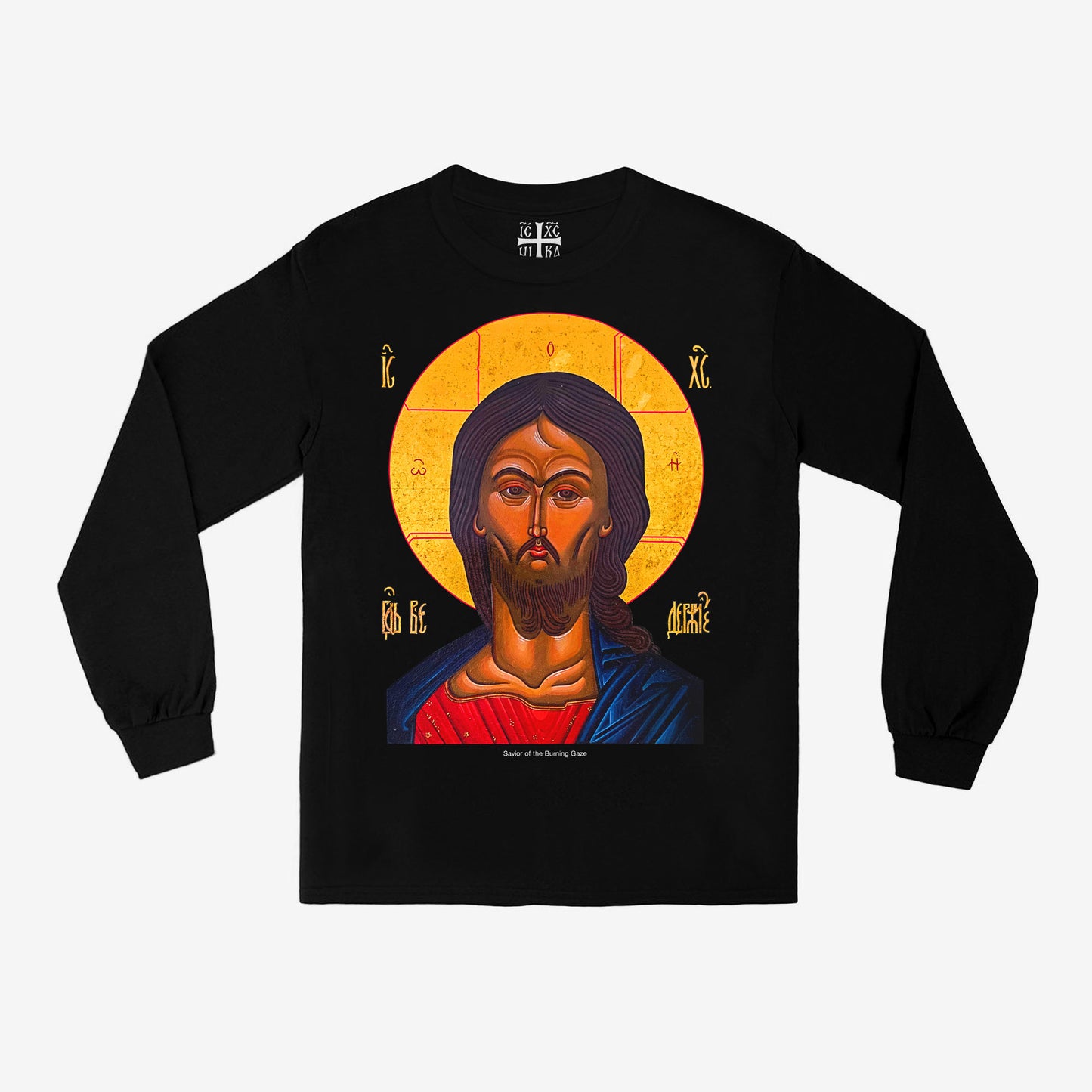 Black unisex long-sleeve t-shirt with a large, full-color reproduction of the Russian Orthodox icon "Christ with the Angry Gaze." www.arthodox.com