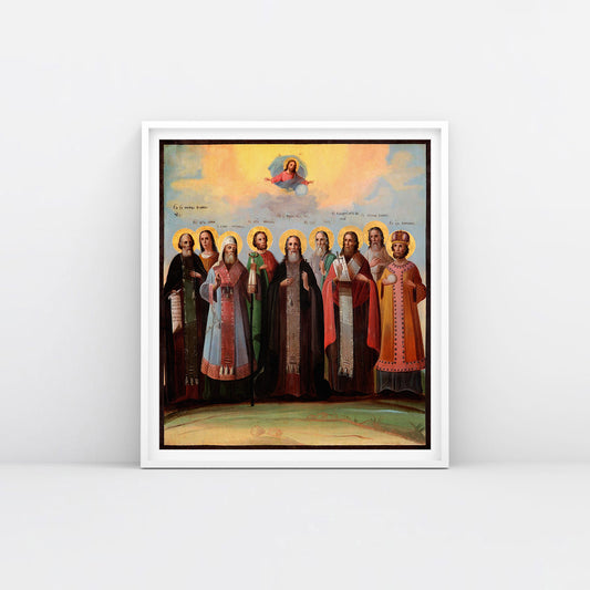 Rare 1850 Russian Baroque icon print, "Christ with Nine Saints," framed in white. Archival quality print. www.artodox.com