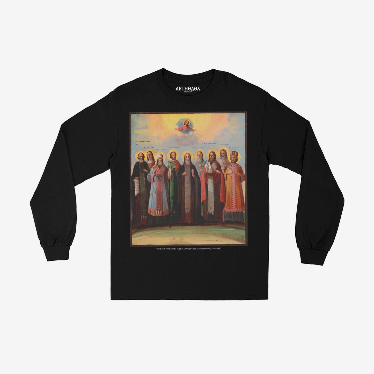 Premium black unisex long-sleeve t-shirt with a large print of the rare 1850 Russian Baroque Icon, "Christ with Nine Saints." www.arthodox.com