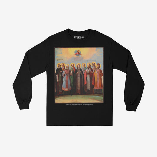 Premium black unisex long-sleeve t-shirt with a large print of the rare 1850 Russian Baroque Icon, "Christ with Nine Saints." www.arthodox.com