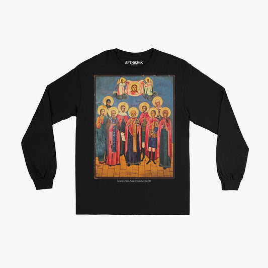 Premium black long-sleeve t-shirt featuring a large, high-resolution print of the 19th Century Russian Orthodox Convention of Saints icon. Unisex regular fit. www.arthodox.com