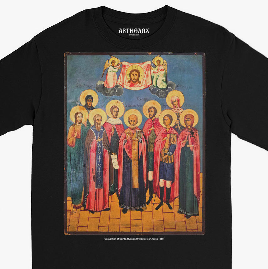 Premium black long-sleeve t-shirt featuring a large, high-resolution print of the 19th Century Russian Orthodox Convention of Saints icon. Unisex regular fit. Closup photowww.arthodox.com