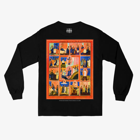 Black unisex long-sleeve t-shirt with a large, full-color print of the 1860 Russian Orthodox Icon, "The Resurrection - Descent into Hell," showing Christ standing over Hades. www.arthdox.com