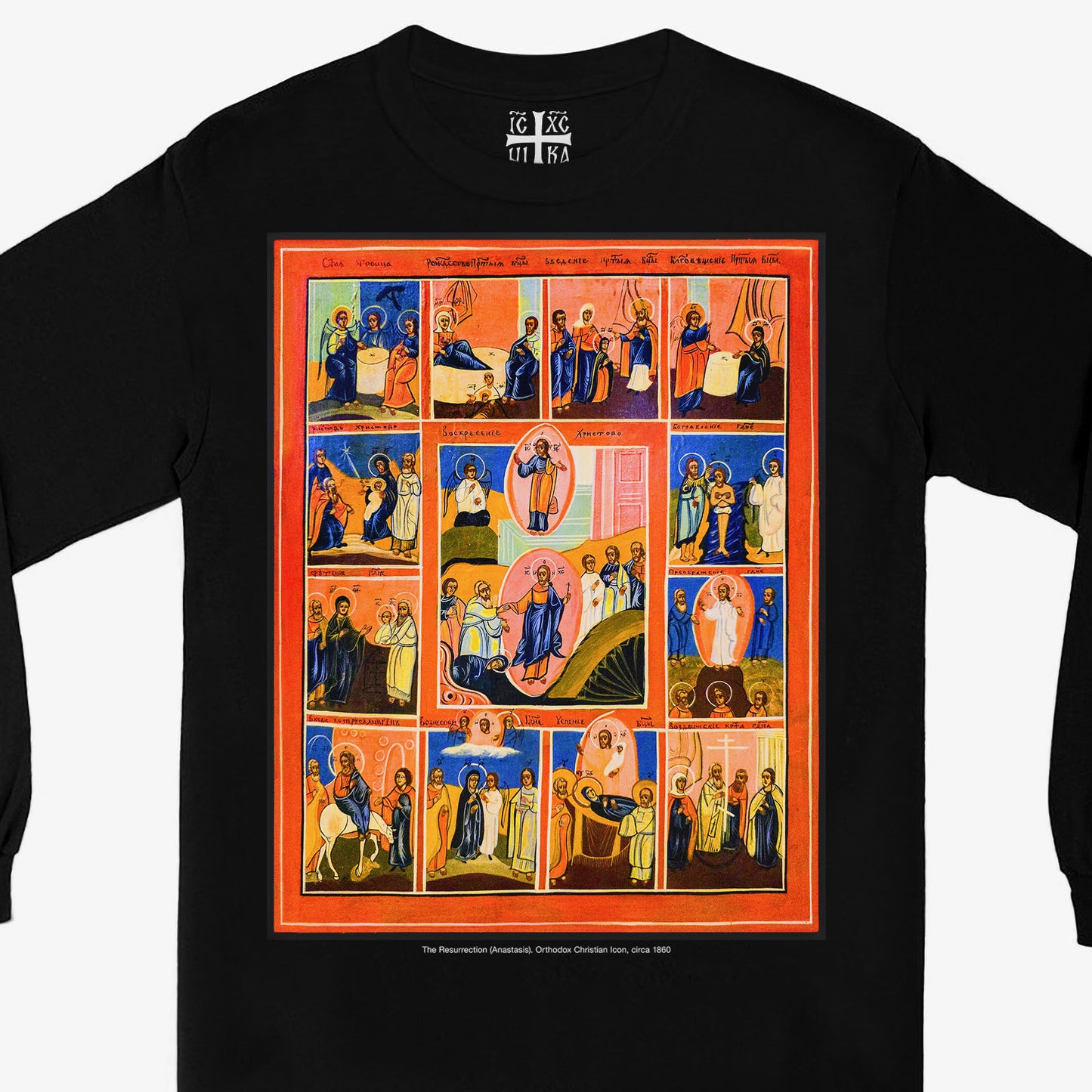 Black unisex long-sleeve t-shirt with a large, full-color print of the 1860 Russian Orthodox Icon, "The Resurrection - Descent into Hell," showing Christ standing over Hades. Closeup photo with Orthodox NIKA cross on the necktag. www.arthdox.com