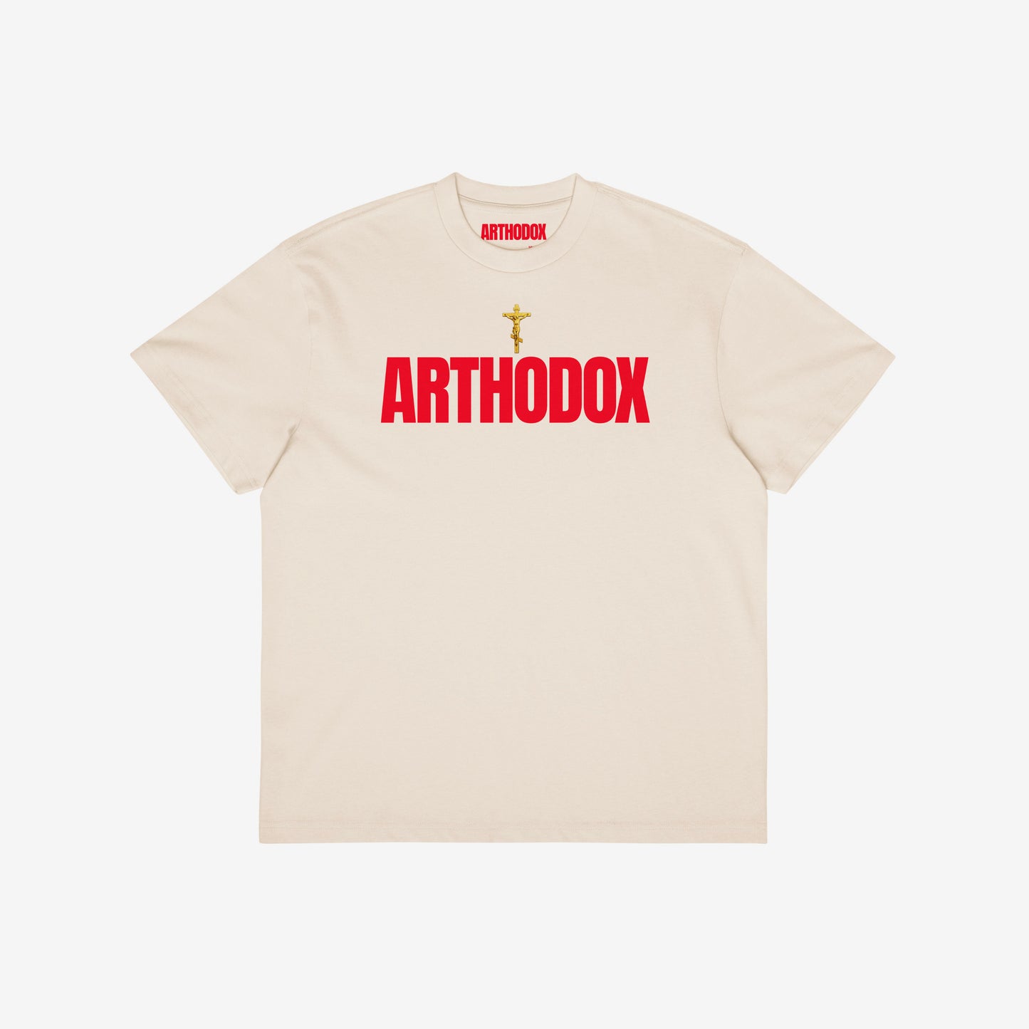Vintage white unisex oversized tee with a golden Orthodox Christian cross and bold red text ARTHODOX. www.arthodox.com
