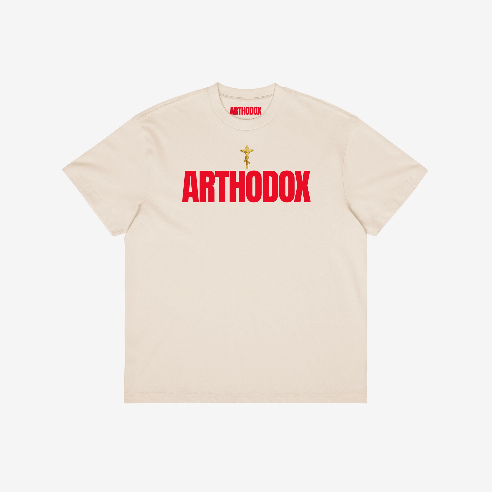Vintage white unisex oversized tee with a golden Orthodox Christian cross and bold red text ARTHODOX. www.arthodox.com