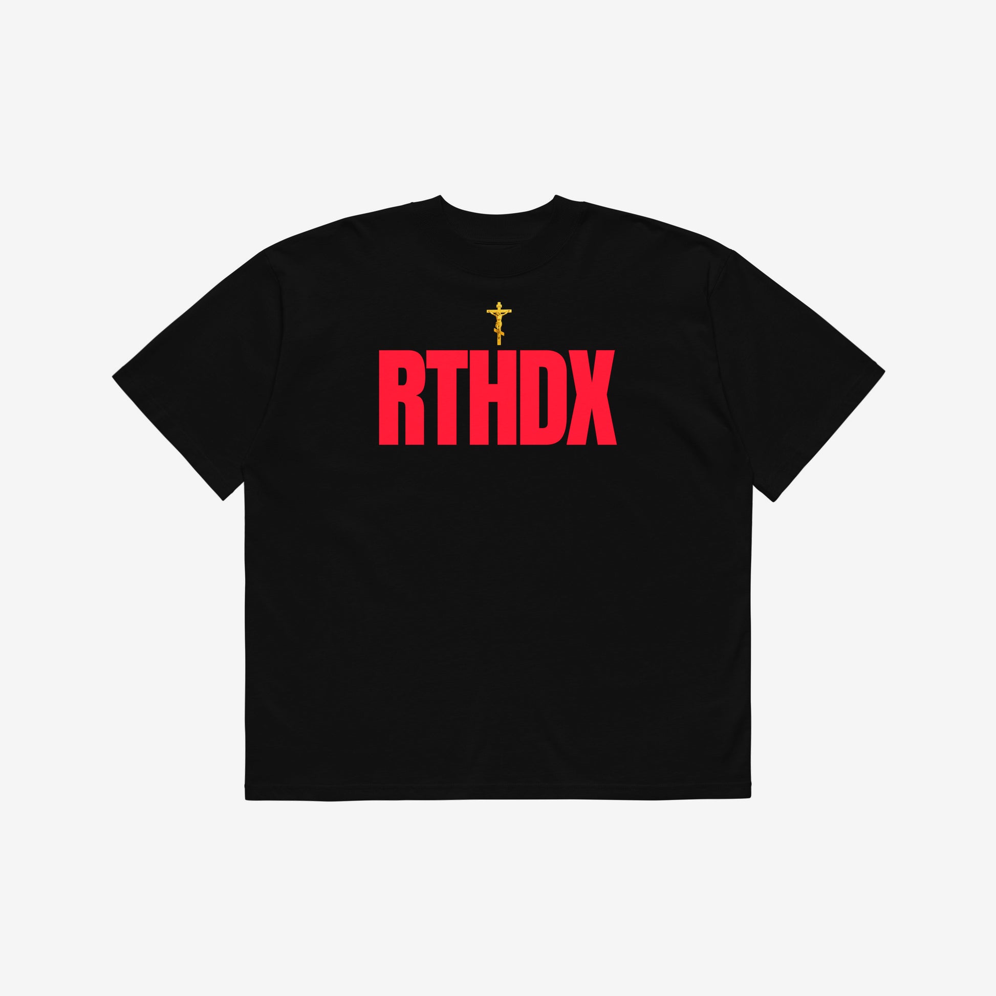 Black unisex oversized high-neck tee featuring a golden Orthodox Christian cross and bold red disemvowelled ARTHODOX, RTHDX. www.arthodox.com