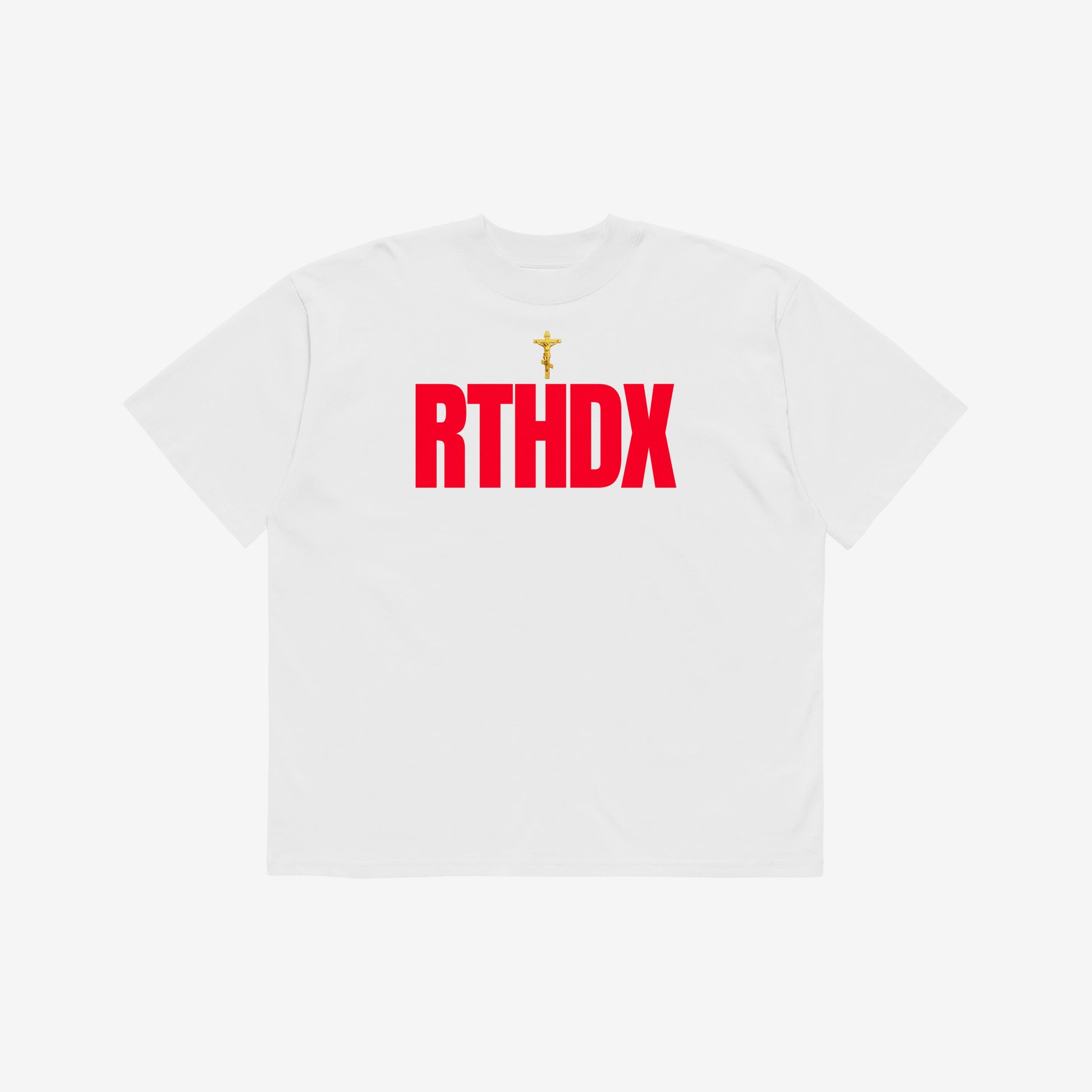 White unisex oversized high-neck tee featuring a golden Orthodox Christian cross and bold red disemvowelled ARTHODOX, RTHDX. www.arthodox.com