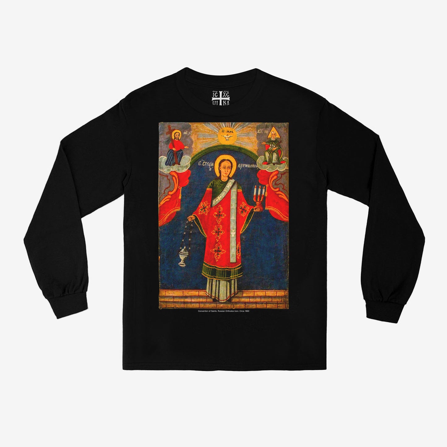 Black unisex long-sleeve t-shirt with a large print of the rare 1900s Balkan Orthodox Icon in the Greco-Roman Revival style. www.arthodox.com