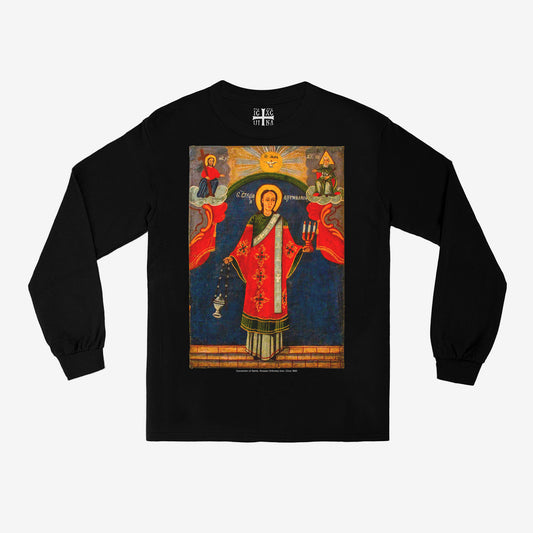 Black unisex long-sleeve t-shirt with a large print of the rare 1900s Balkan Orthodox Icon in the Greco-Roman Revival style. www.arthodox.com