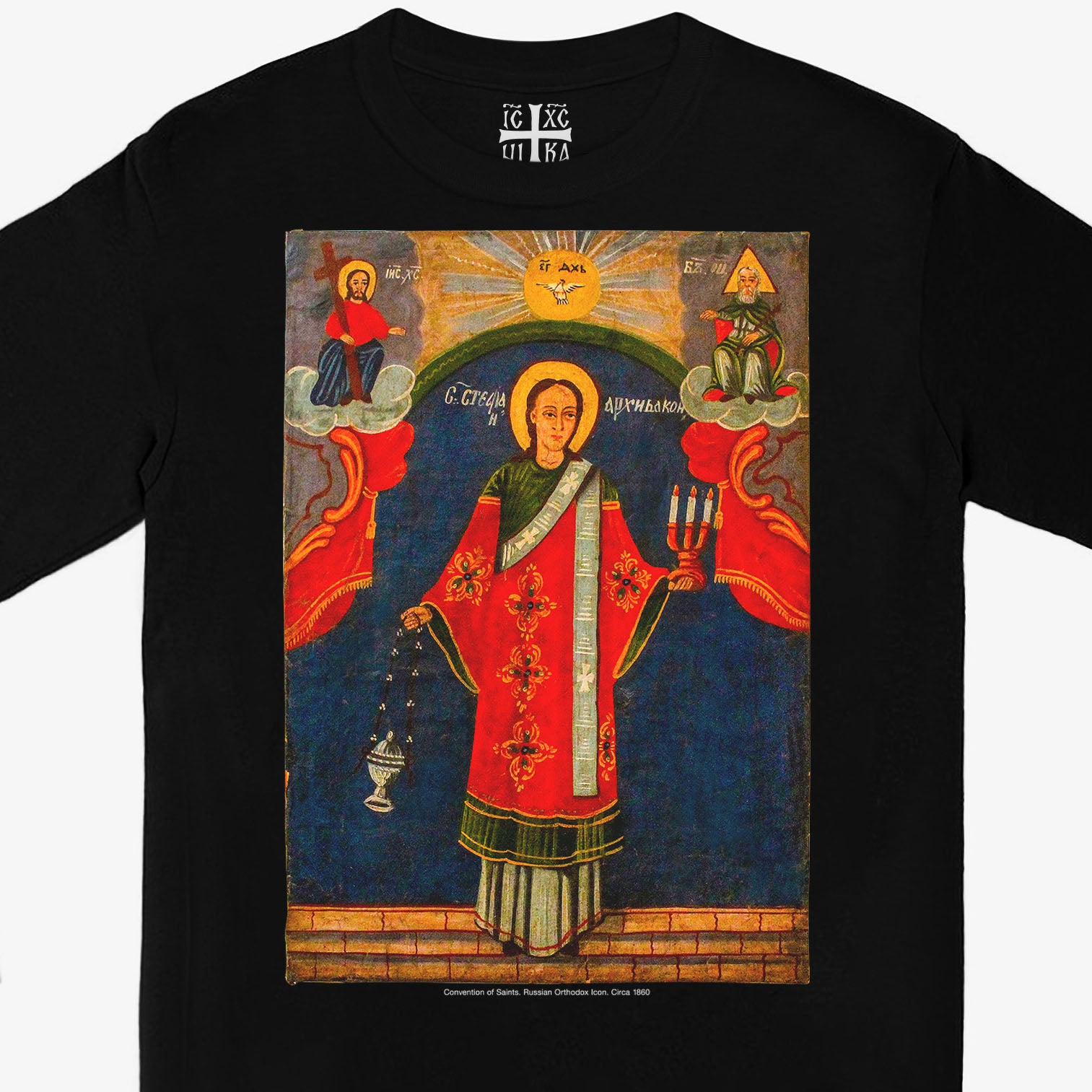 Closeup photo of the black long-sleeve tee, highlighting the artistry of the Balkan Orthodox Icon. With branded necktag with NIKA cross. www.arthodox.com