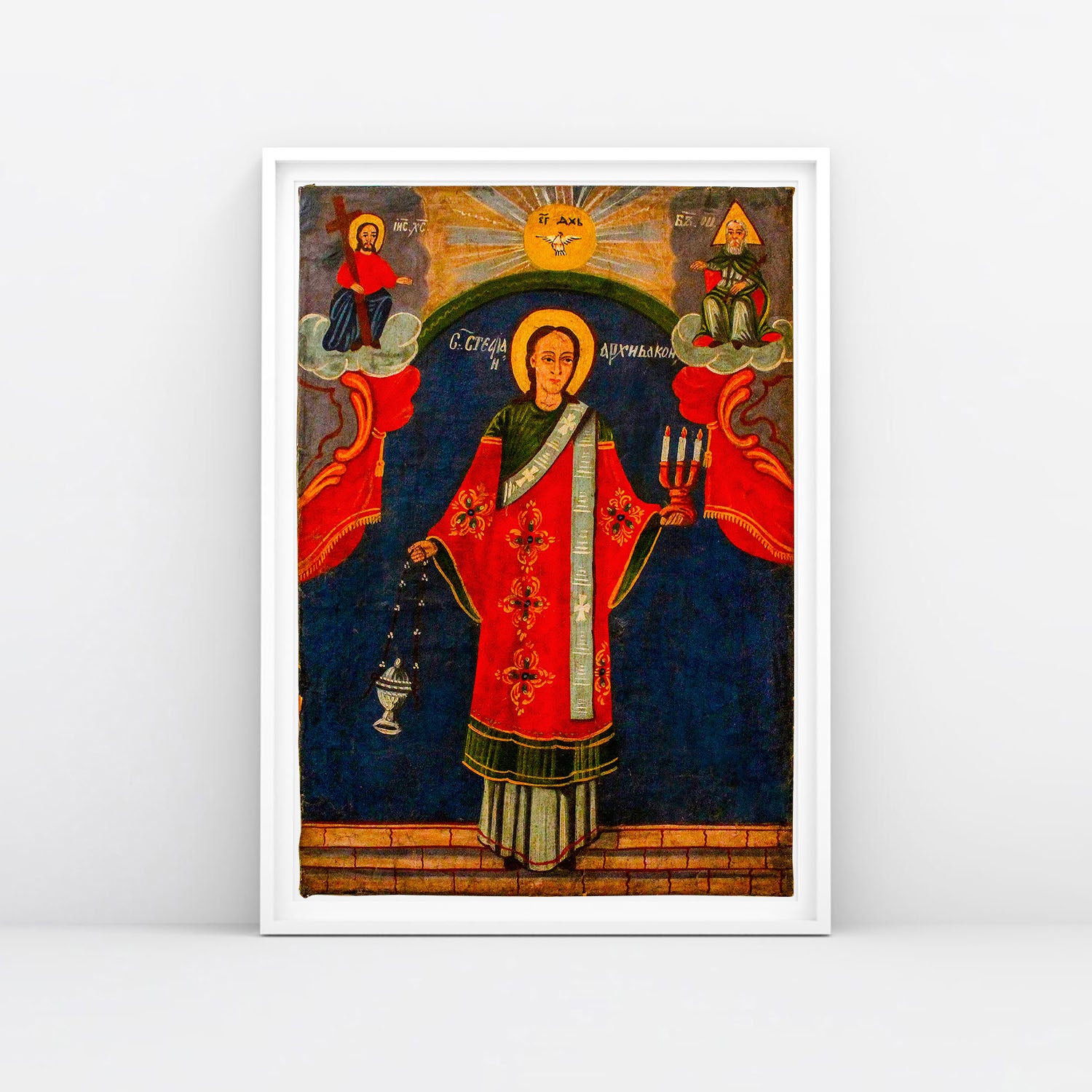 Rare Balkan Orthodox Icon (circa 1900s) in the Greco-Roman style, framed in white. Archival quality (62x91cm). www.arthodox.com