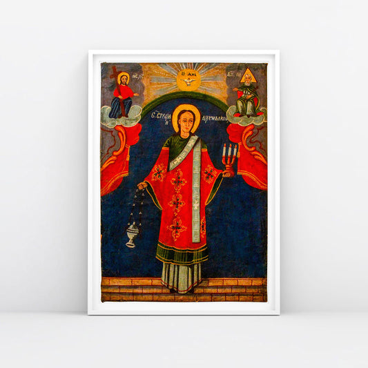 Rare Balkan Orthodox Icon (circa 1900s) in the Greco-Roman style, framed in white. Archival quality (62x91cm). www.arthodox.com