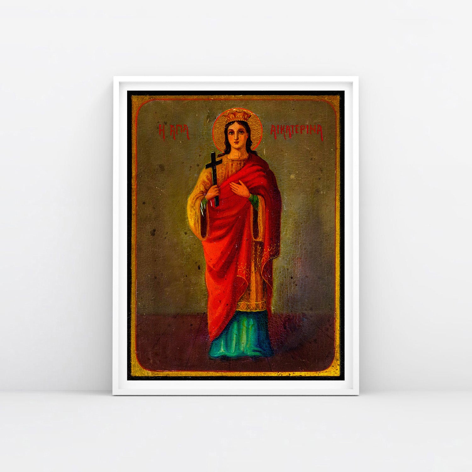 19th Century Greek Orthodox Icon Print, "Saint Catherine of Alexandria," framed in white. Archival quality (62x91cm). www.arthodox.com