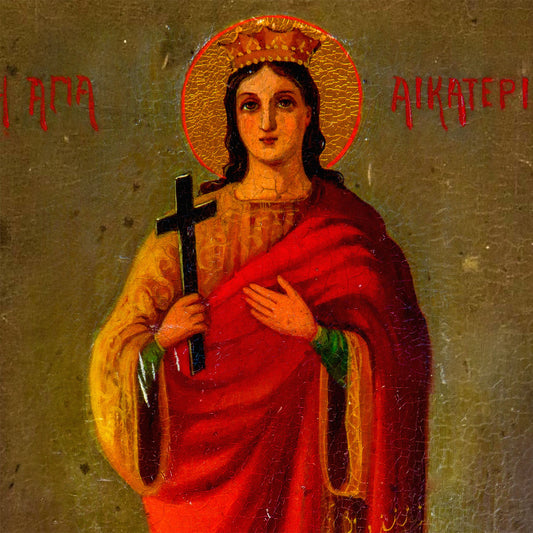 Detail of the premium print showing the iridescent halo and antique paint crazing of the Greek Orthodox Saint Catherine icon. www.arthodox.com