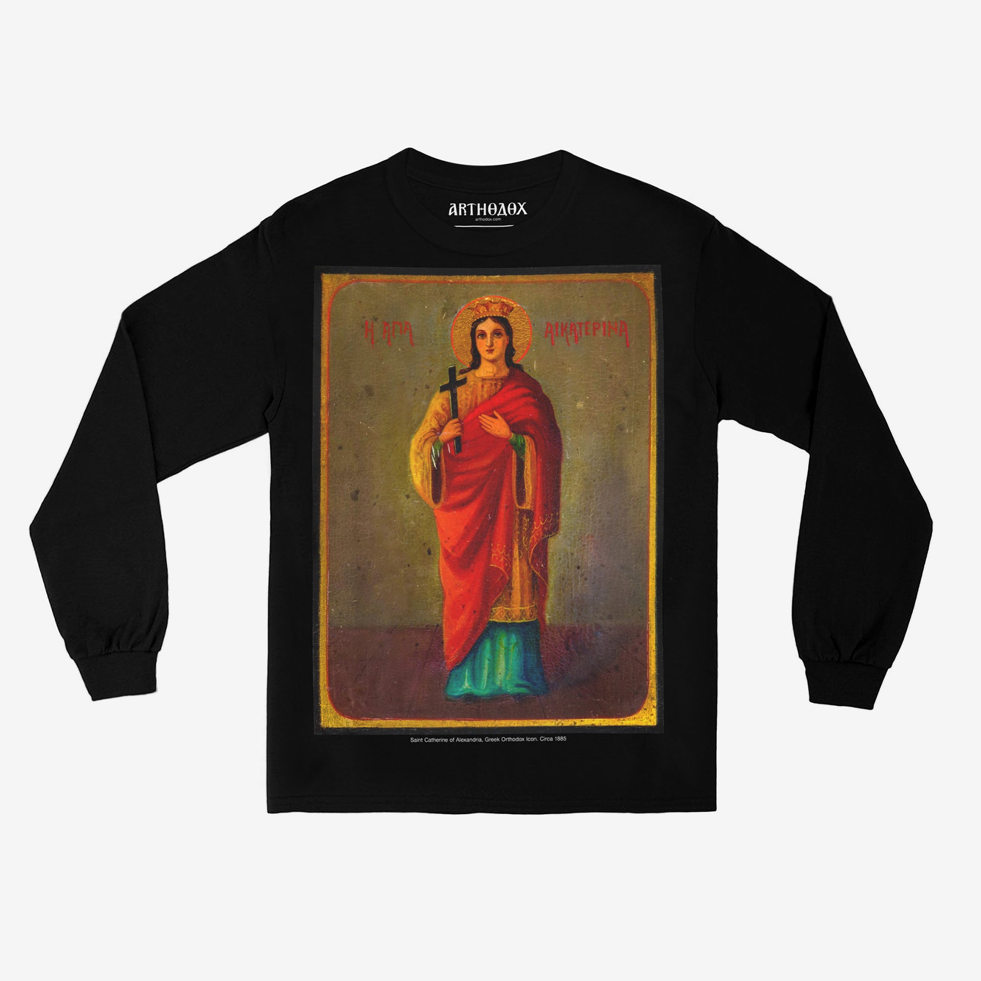 Premium black unisex long-sleeve t-shirt with a large print of the 19th Century Greek Orthodox Saint Catherine of Alexandria Icon. Regular fit. www.arthodox.com