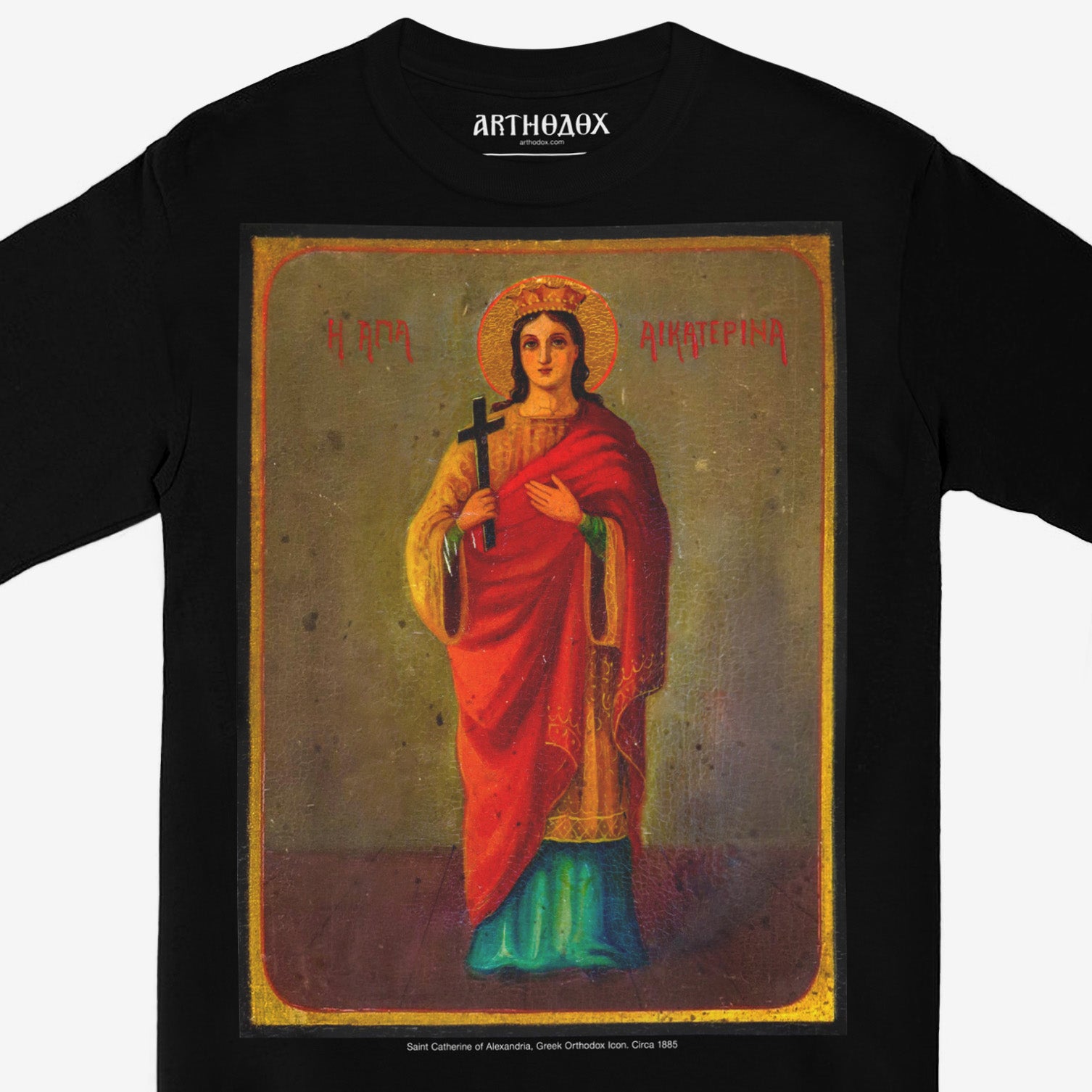 Premium black unisex long-sleeve t-shirt with a large print of the 19th Century Greek Orthodox Saint Catherine of Alexandria Icon. Regular fit. Closeup photo. www.arthodox.com