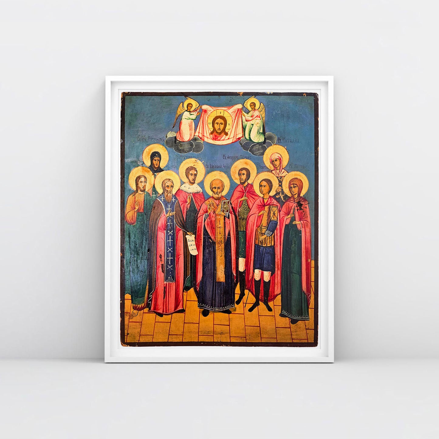 Premium large high-resolution print of the 19th Century Russian Orthodox Convention of Saints icon. Framed in white. www.arthodox.com