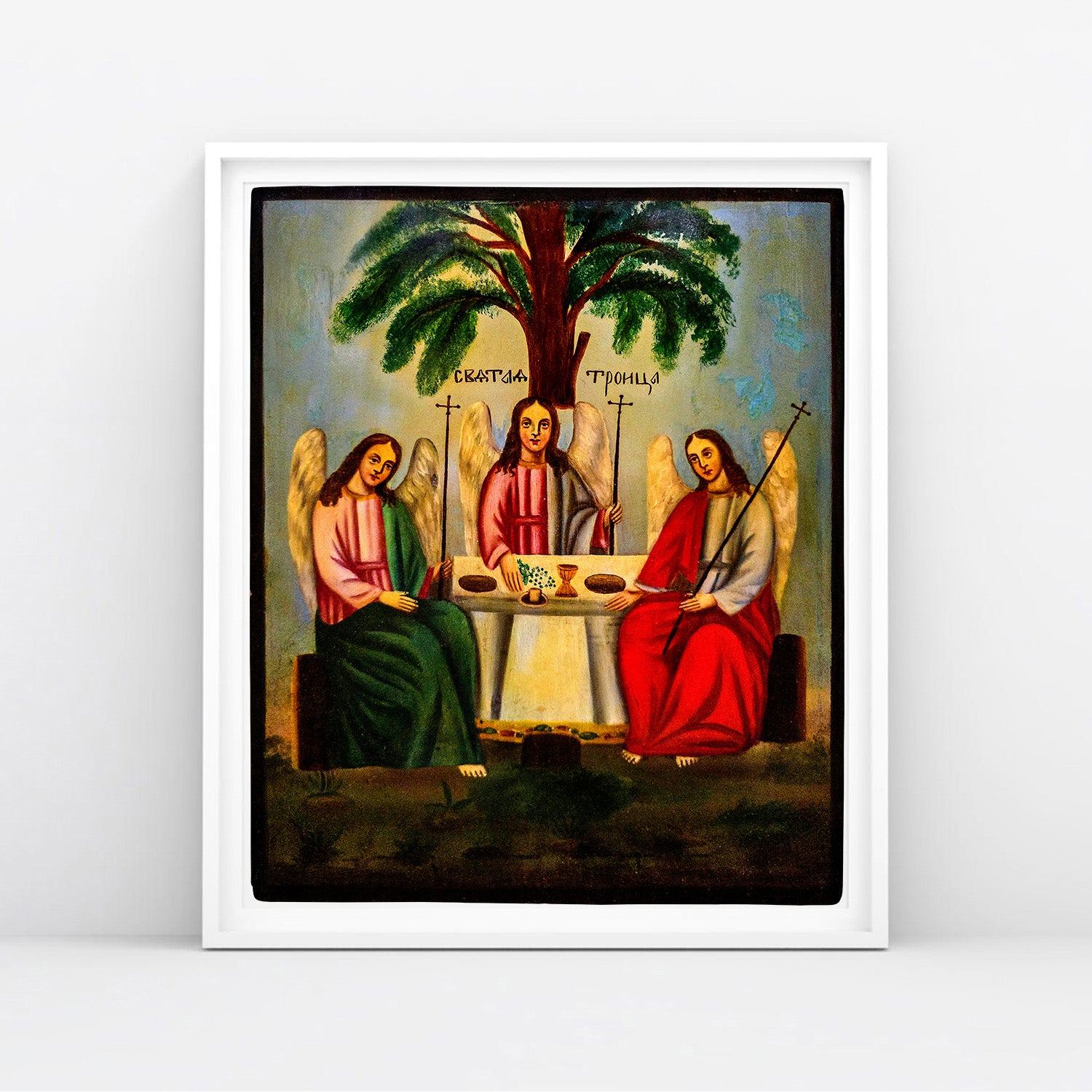 Archival print of the 19th Century Russian Orthodox Icon, "The Old Testament Trinity" (СВЯТАЯ ТРОИЦА), framed in white. Large format (62x78cm). www.arthodox.com
