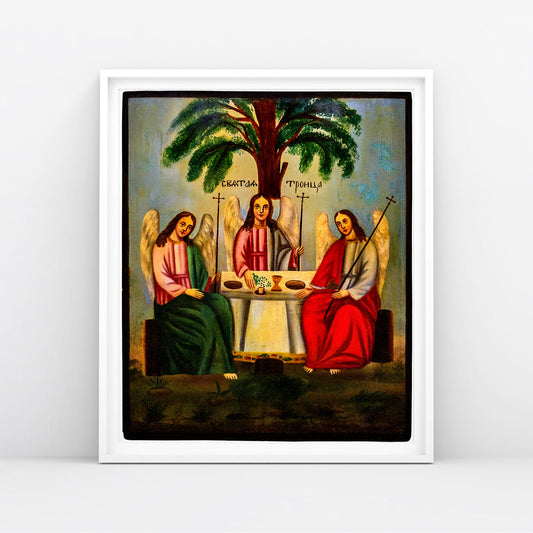 Archival print of the 19th Century Russian Orthodox Icon, "The Old Testament Trinity" (СВЯТАЯ ТРОИЦА), framed in white. Large format (62x78cm). www.arthodox.com