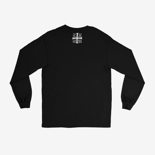 Black unisex long-sleeve t-shirt with a minimalist white Cat with eyes as Orthodox Crosses and IC XC NIKA cross on the back. www.arthodox.com