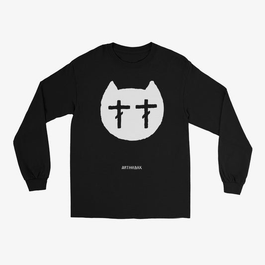 Black unisex long-sleeve t-shirt with a minimalist white Cat with eyes as Orthodox Crosses. www.arthodox.com