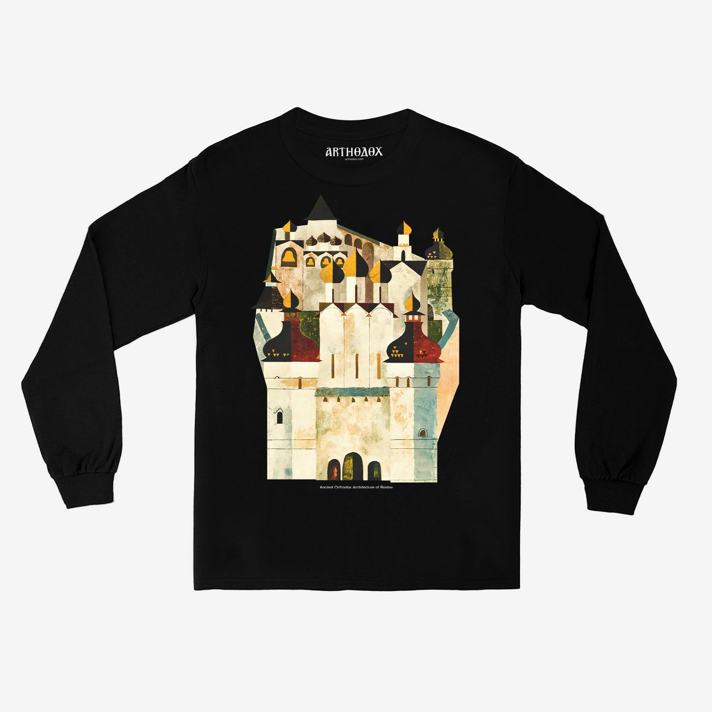 Premium black unisex long-sleeve t-shirt with a large print of Orthodox onion domes of Rostov churches. Regular fit. www.arthodox.com