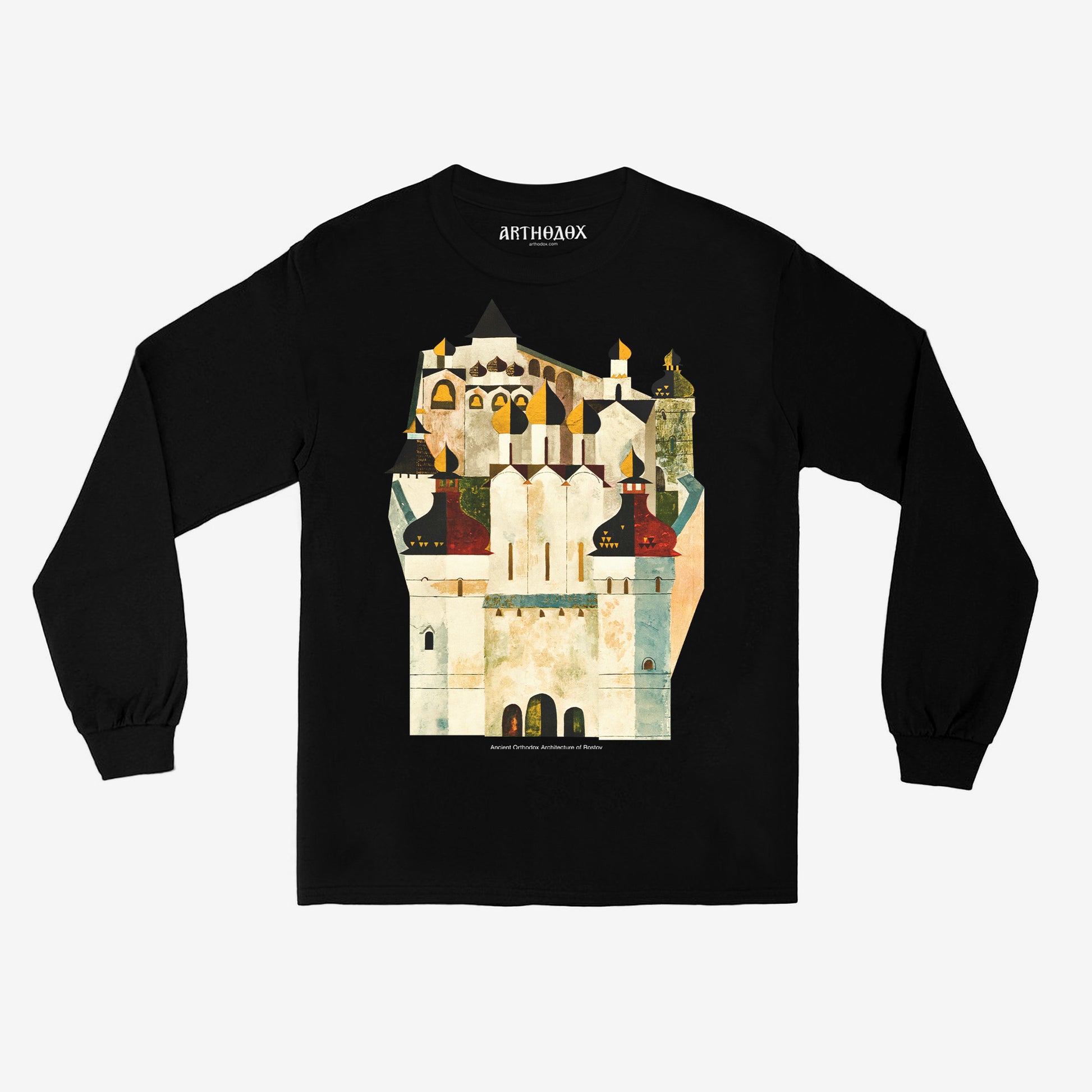 Premium black unisex long-sleeve t-shirt with a large print of Orthodox onion domes of Rostov churches. Regular fit. www.arthodox.com