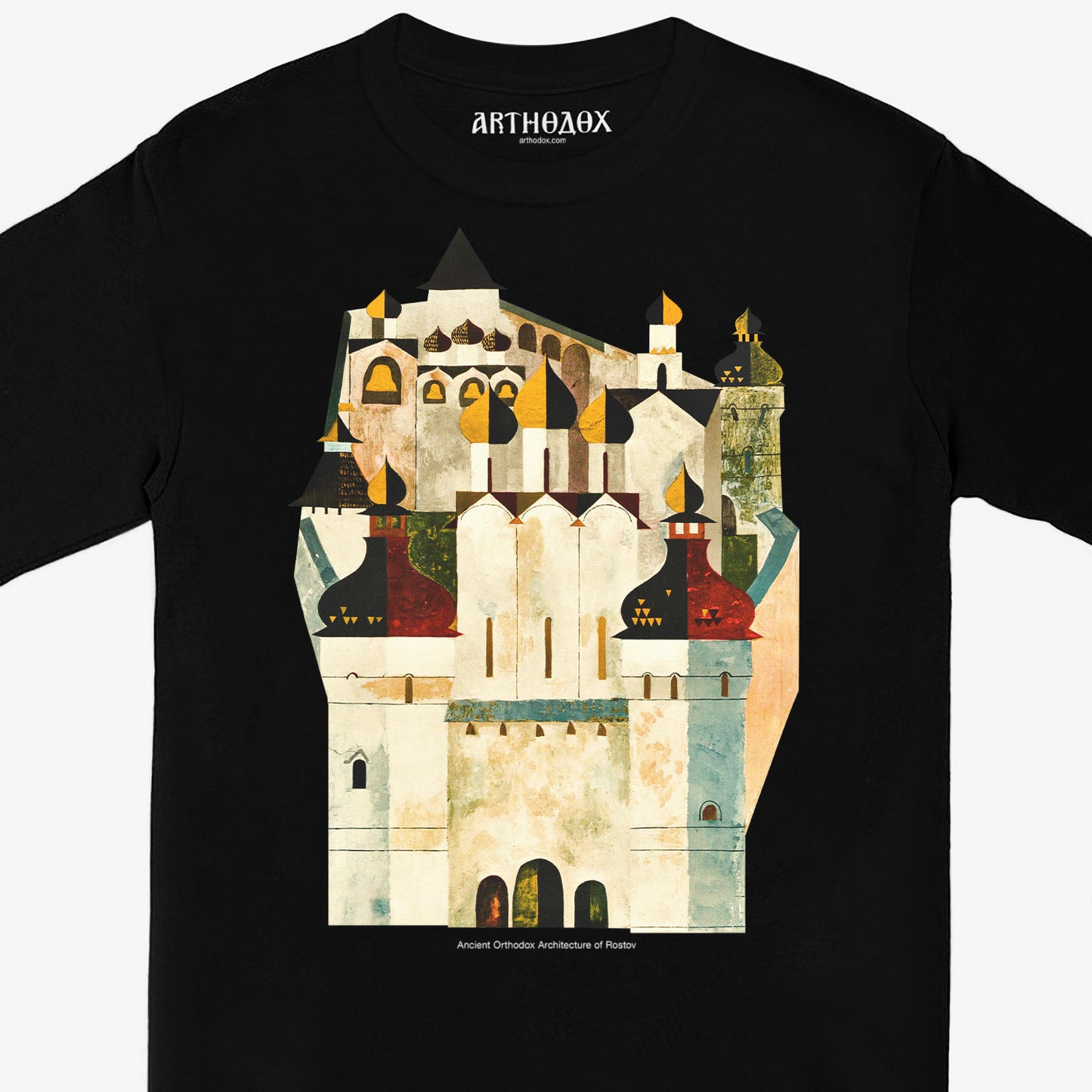 Premium black unisex long-sleeve t-shirt with a large print of Orthodox onion domes of Rostov churches. Regular fit. Closeup details photo. www.arthodox.com