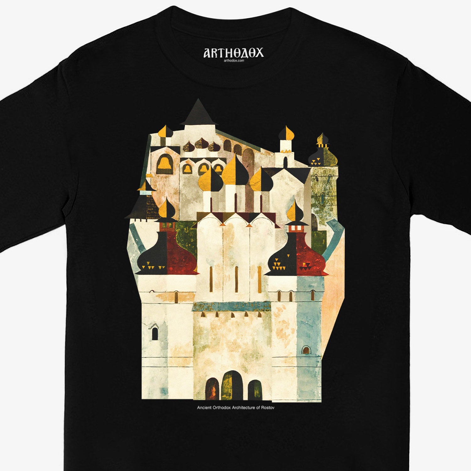 Premium black unisex long-sleeve t-shirt with a large print of Orthodox onion domes of Rostov churches. Regular fit. Closeup details photo. www.arthodox.com