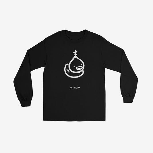 Black unisex long-sleeve t-shirt with a minimalist white one-line Rubber Duck with head in shape of an Orthodox Dome with a cross. www.arthodoxcom