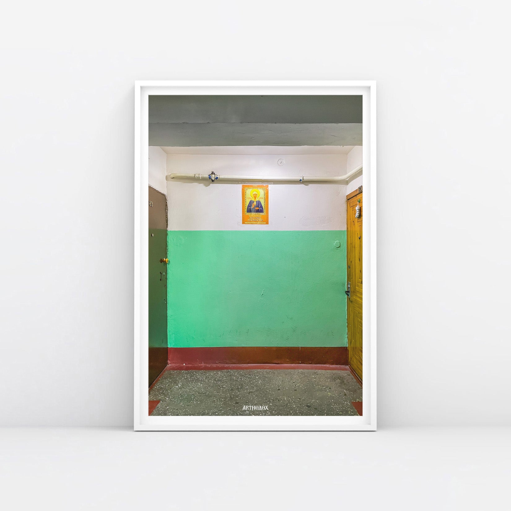 Large 91x61cm print depicting a typical Russian apartment stairwell featuring an icon of Holy Blessed Matrona of Moscow on the wall. From arthodox.com