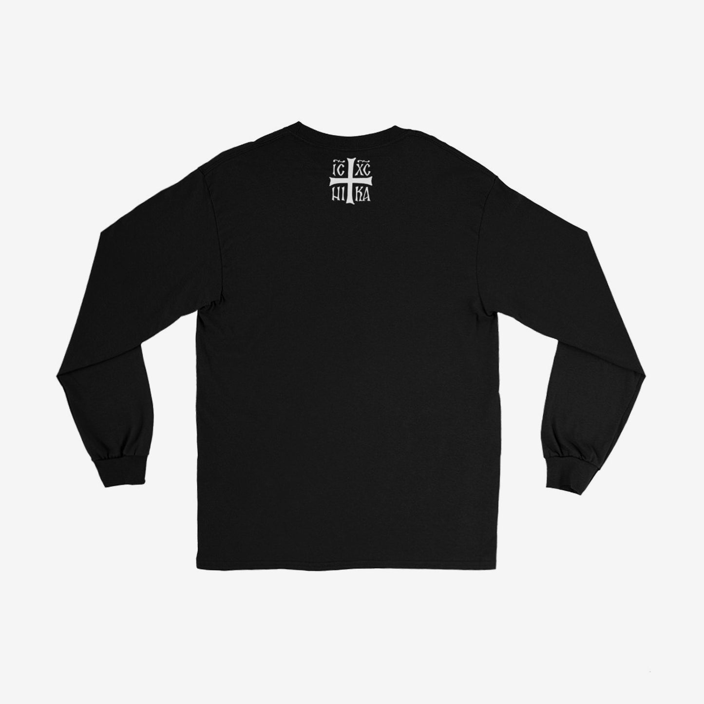 Black unisex long-sleeve t-shirt with a minimalist white Watering Can and Orthodox crosses as stems of poppy flowers. Back side with IC XC NIKA cross. www.arthodox.com