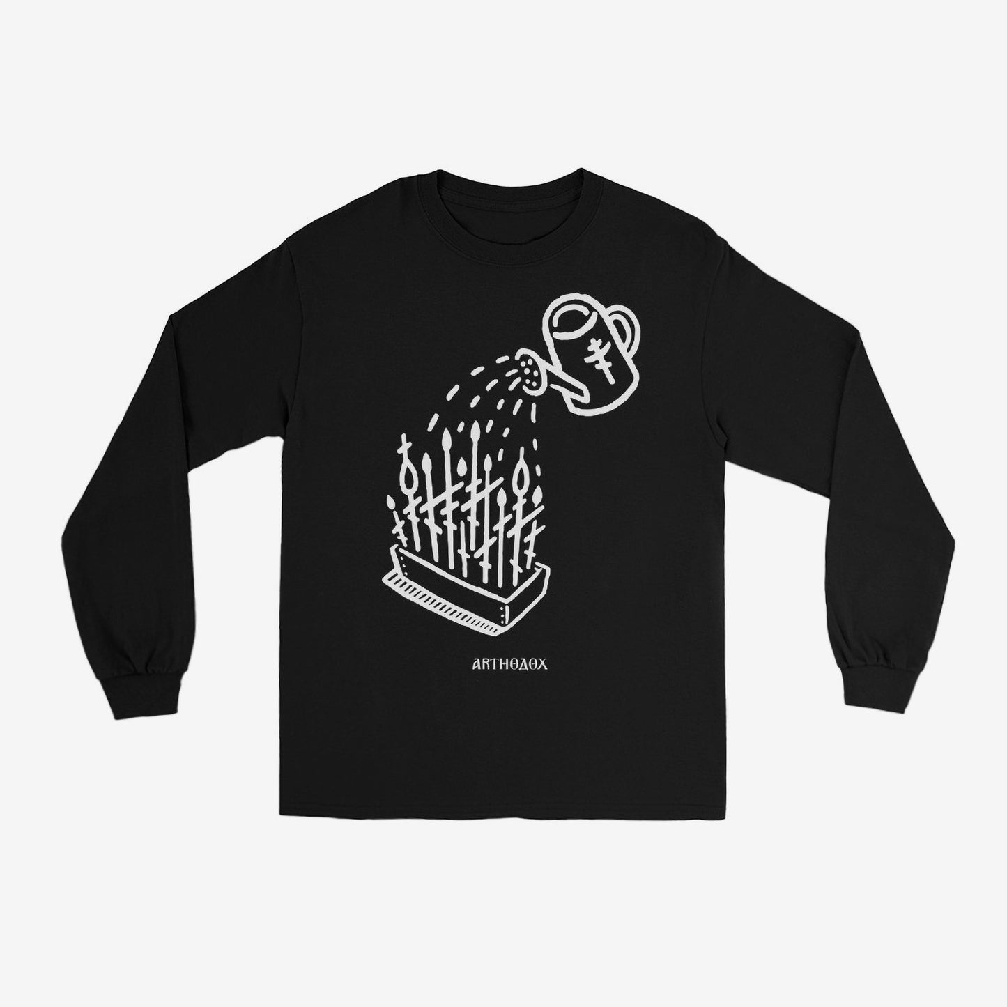 Black unisex long-sleeve t-shirt with a minimalist white Watering Can and Orthodox crosses as stems of poppy flowers. www.arthodox.com