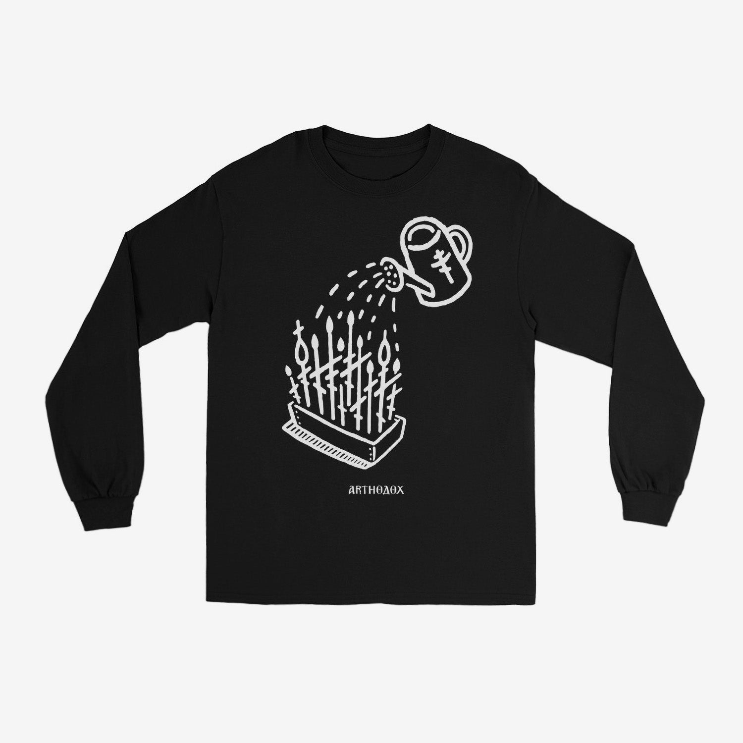 Black unisex long-sleeve t-shirt with a minimalist white Watering Can and Orthodox crosses as stems of poppy flowers. www.arthodox.com