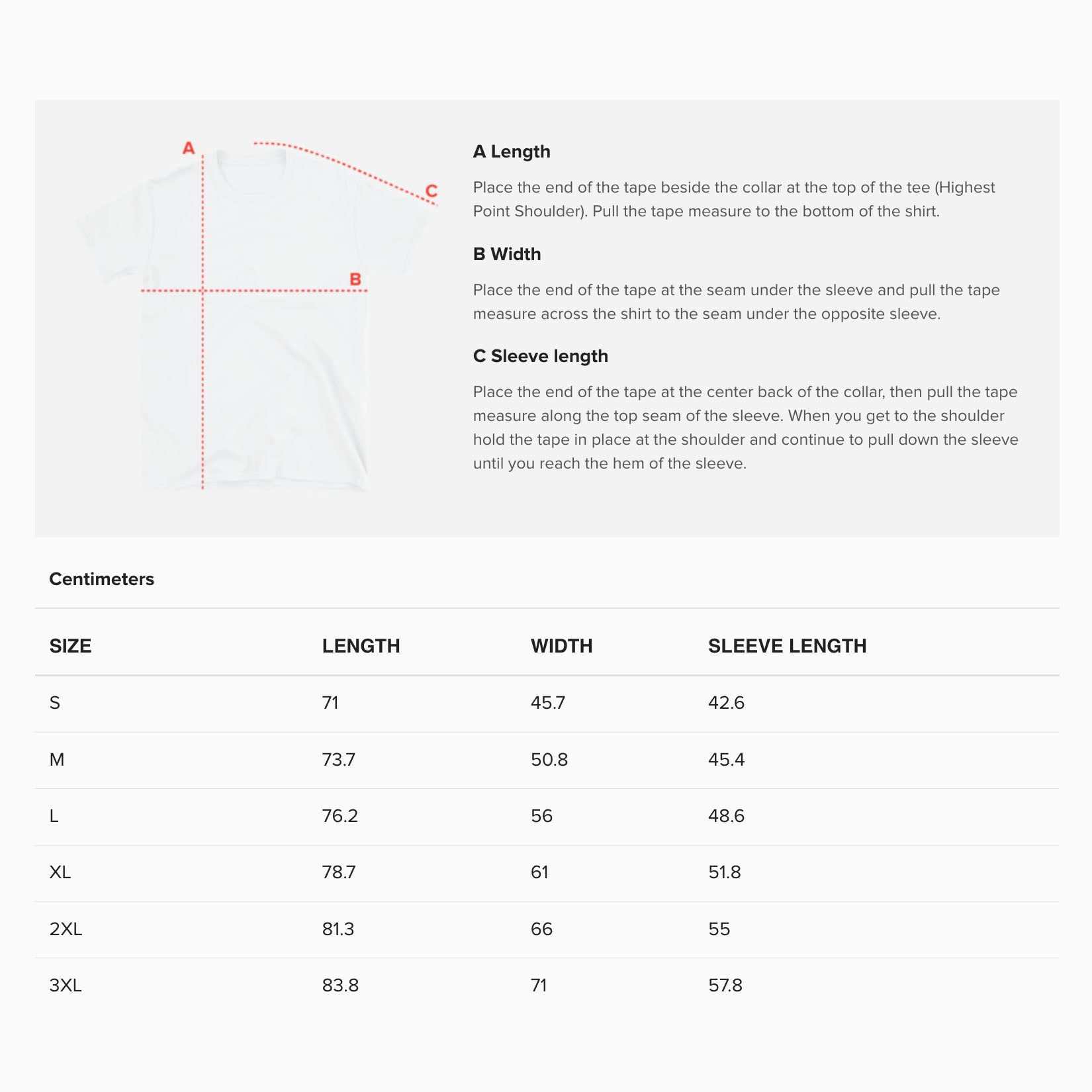 Adult unisex T-shirt size guide.